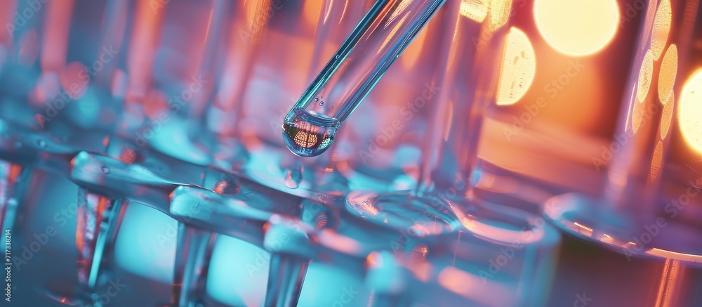 Poster a drop of substance from a science pipette on laboratory test tubes.