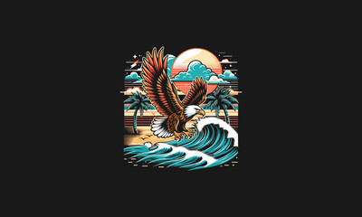 flying eagle on sea sunset vector logo design