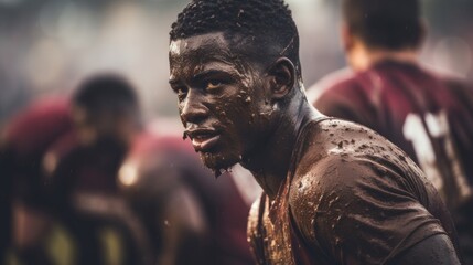 Closeup of a determined players muddy jersey after a tough game.