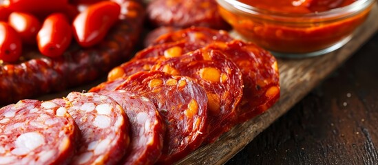 Close-up of Spanish tapas featuring chorizo sausage and tomato paste. - obrazy, fototapety, plakaty