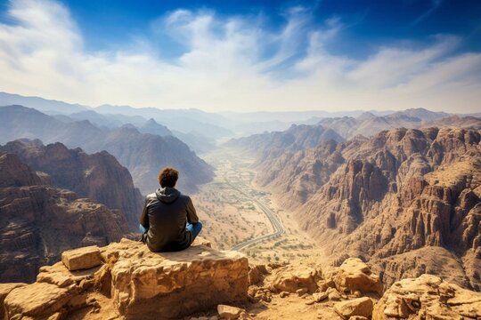 Breathtaking outlook of Tuwaiq Mountains with a view of Qiddiya in Saudi Arabia. Generative AI