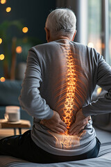 A senior suffering back pain, glowing spine showing the pain, x-ray view 