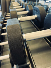 Looking down a rack of metal dumbbells in a fitness center.