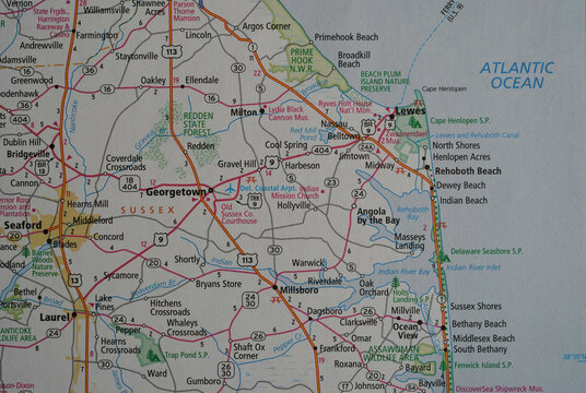 Close-up view of a map of coastal Delaware and its beach towns, as seen on a road atlas.