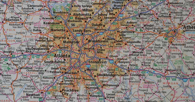 Close-up view of a map of the Atlanta, Georgia area on a road atlas.