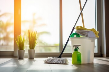 Cleaning products in a bucket, a mop next to it, on the wooden floor, against the background of a large window. The concept of spring cleaning with a copy space. - obrazy, fototapety, plakaty