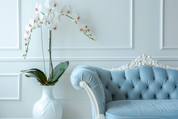 Pastel blue sofa with carriage tie. A large white vase with orchids. Classical interior. A room in a minimalist style.