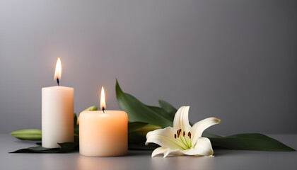 Fototapeta na wymiar Beautiful lily and burning candle on dark background.