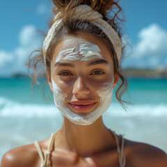 Woman at the beach with exaggerated amount of sun protection cream on her face fearing sun burning
