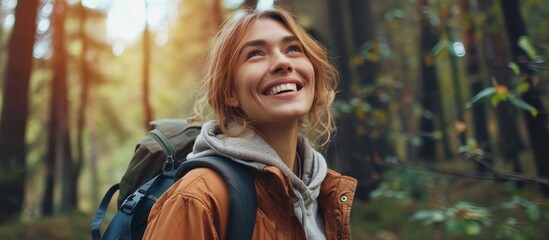 Happy woman in the woods, smiling with a backpack.