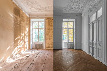 Renovation concept - apartment before and after restoration or refurbishment. - obrazy, fototapety, plakaty