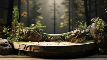 podium product stand or display with leaf, rock, forest background and cinematic light