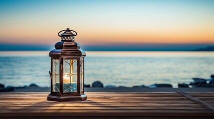 Elegant Lantern Overlooking a Calm Seascape - obrazy, fototapety, plakaty