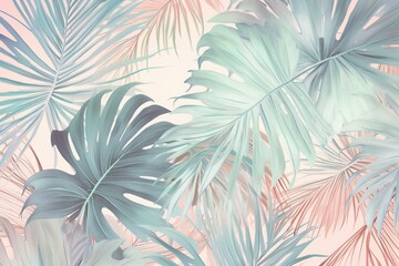 Fototapeta na wymiar Bright artwork featuring watercolor palm leaves in soothing pastel shades. Generative AI