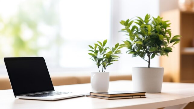 Closeup of a minimalist desktop setup with a laptop, a plant, and a single notepad, reflecting a productivityfocused lifestyle.