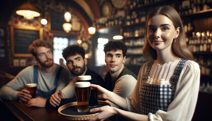 Group of happy friends drinking beer while waitress is serving them food in pub