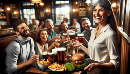 Group of happy friends drinking beer while waitress is serving them food in pub - Powered by Adobe