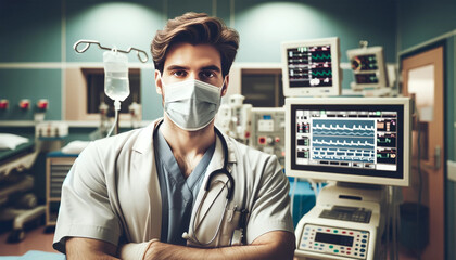 doctor in vigil man in uniform and security mask at the intensive care station. - obrazy, fototapety, plakaty