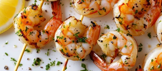 Closeup of lemon-infused grilled shrimp on a white background.