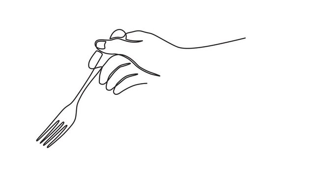 Continuous one line animation. Hand drawn animated motion graphic element of a side view of a hand
holding a fork ready to start eating. 4k videos
