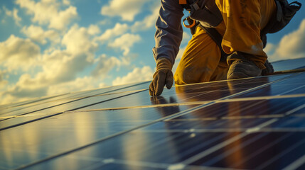 Man technician in work gloves installing stand-alone photovoltaic solar panel system. - obrazy, fototapety, plakaty