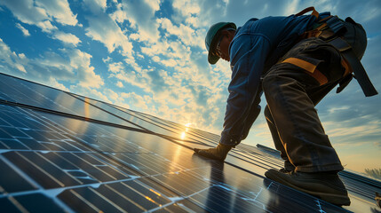 Man technician in work gloves installing stand-alone photovoltaic solar panel system.