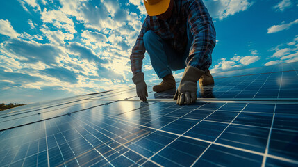 Man technician in work gloves installing stand-alone photovoltaic solar panel system. - obrazy, fototapety, plakaty