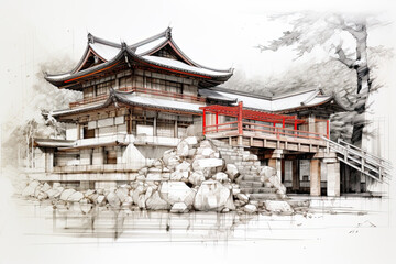 Obraz premium A sketch drawing of a japanese Architecture