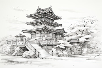 A sketch drawing of a japanese Architecture