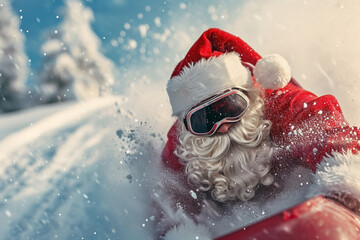 Santa clause wearing googles sledding along a snowy slope - Generative AI - obrazy, fototapety, plakaty