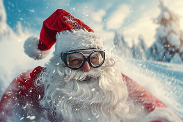 Santa clause wearing googles sledding along a snowy slope - Generative AI - obrazy, fototapety, plakaty