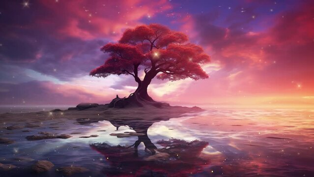 amazing tree under beautiful sky. pink tree with reflection under pinky sky. seamless looping overlay 4k virtual video animation background 