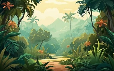 Fototapeta na wymiar Very beautiful vector flat color cartoon illustration of forest background