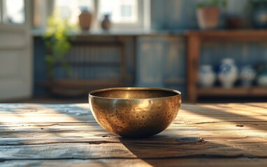 Tibetan Singing Bowl on Sunlit Wooden Table