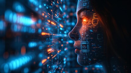 Futuristic scene of a computer engineer programming advanced AI or robotics