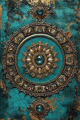 Intricate bronze mandala with turquoise accents, mystical backdrop for tarot card cover