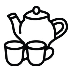 Hand drawing tea set. Teapot, milk jug, sugar bowl and cups and saucers. 