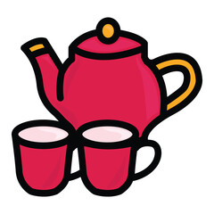 Hand drawing tea set. Teapot, milk jug, sugar bowl and cups and saucers. 