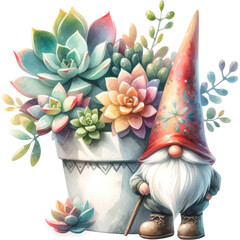 Succulent and Cactus, A watercolor painting of succulent plants with a whimsical gnome planter, PNG Clipart, High Quality Transparent Backgrounds