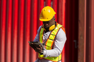 African American male container yard worker working and checking container boxes before loading at commercial dock site. Black male people worker inspecting container boxes from cargo freight ship
