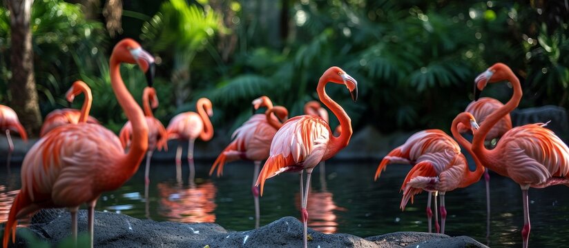 Multiple pink flamingos in a zoo photograph