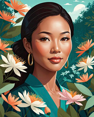 Modern Flat Close-Up Portrait Design Illustration of a Lean Dark Brown-Skin Asian Adult Woman Surrounded by Nature Flowers Gen AI