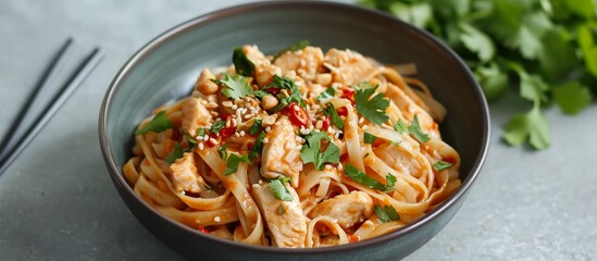 Thai-style chicken noodles with spicy peanut sesame sauce.