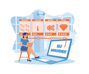 Young woman doing self-improvement test online. A girl in glasses looks at test results on her laptop. Self-improvement concept. Flat vector illustration.