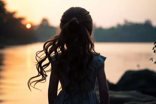 Generative AI Image of Back View of Little Girl with Lake River View at Sunset