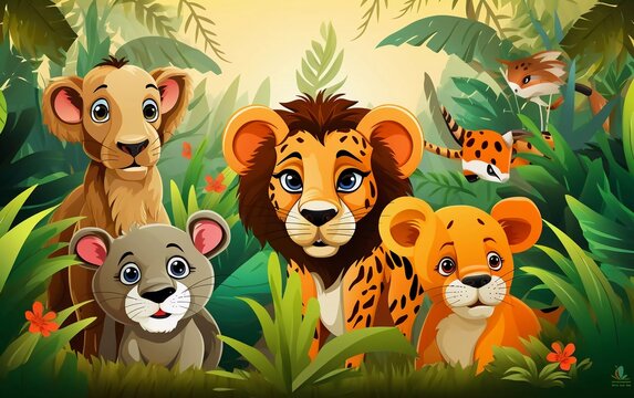 Cartoon cute animals in the forest vector illustration

