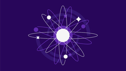 Atom Molecule with complex Orbit Lines Flat Concept Art , on Purple Background