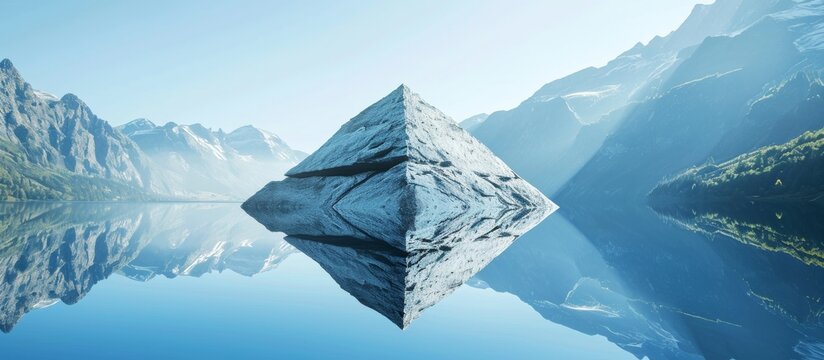 Balanced stone pyramid reflected in mirror-like mountain lake, surrounded by blue mountains.