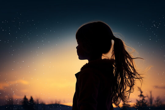 Generative AI Image of Little Girl with Beautiful Sky at Dusk