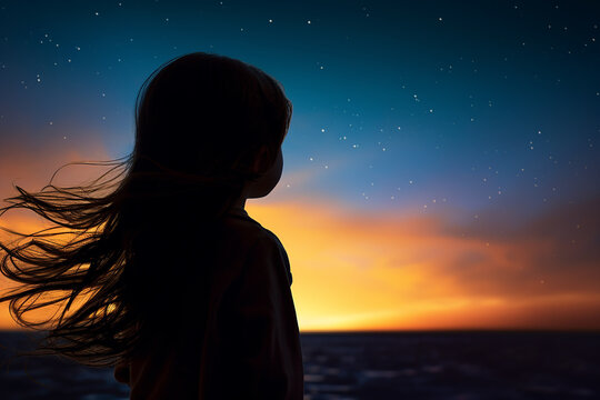 Generative AI Image of Little Girl with Beautiful Sky at Sunrise